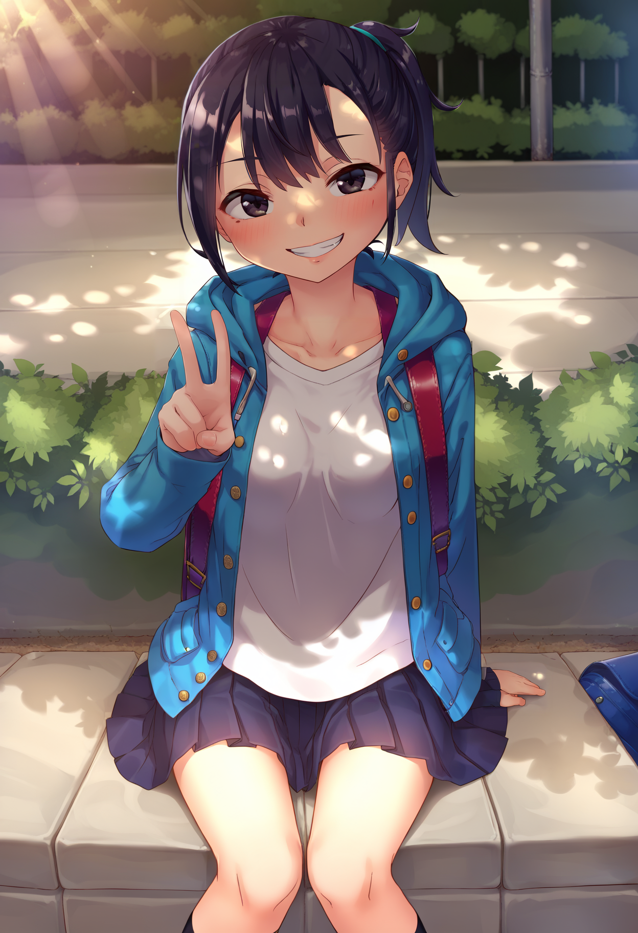 score_9, best quality, masterpiece, uncensored, source_anime
BREAK
1girl, backpack, bag, black eyes, black hair, blush, bush, dappled sunlight, day, facing viewer, grin, hood, hooded jacket, jacket, looking at viewer, outdoors, ponytail, shade, shirt, pleated skirt, sitting, sleeves past wrists, smile, solo, sunlight, t-shirt, v
<lora:yamada_pony_v5-000015:1>
