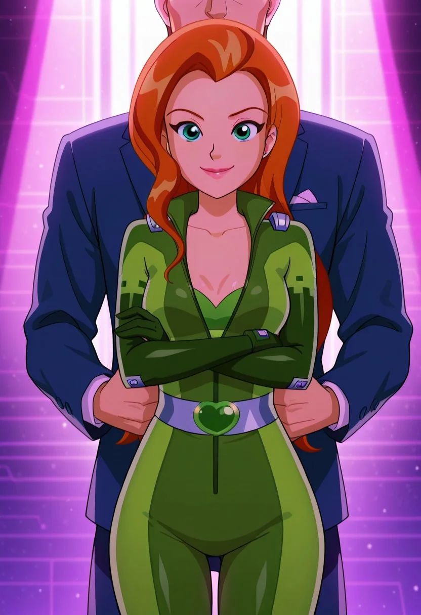 masterpiece, best quality, good quality, cartoon, totally_spies_2k24, sam, orange hair, green eyes, green bodysuit, sexy, medium breasts, beautiful, detailed, high detailed, very beautiful, detailed face, detailed eyes, detailed hand, abstract background, neon, smile, posing, standing, crossed arms, looking at viewer, face focus magazine cover OCBF as title, tall male red haired male, standing behind female, male holding female, Male suit and tie, male unzipping bodysuit, bra