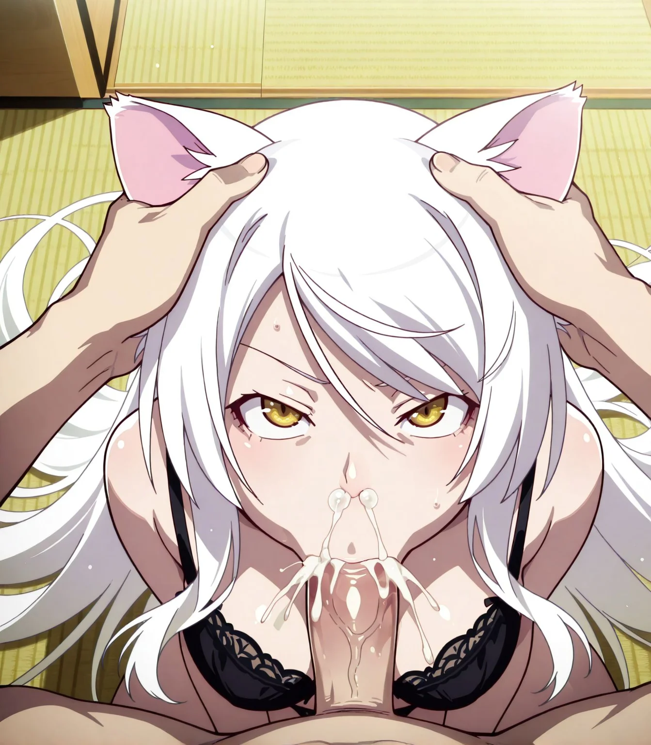 <lora:add-detail-xl:0.5>,,masterpiece, best quality, newest, absurdres, highres, detailed eyes, beautiful, detailed background, perfect eyes, anime coloring, anime screencap,
<lora:Vacuum_Fellatio-000039:0.4>Vacuum_FellatioV1,
1girl, 1boy, blowjob, oral, fellatio, vacuum fellatio, 
cumshot in mouth, cum in mouth, pov,fucked silly,
cum explosion, cum out nose, head grab,irrumatio, 
excessive cum, cum bubble, looking up,
<lora:Tsubasa_Hanekawa_and_Black_Hanekawa_Monogatari_Series_-_Illustrious_V2:0.7> BH black bra (outfit), Black Hanekawa (character), 1girl, long hair, animal ears, underwear, solo, cat ears, white hair, bra, panties, yellow eyes, very long hair, black bra,
araragi koyomi,  monogatari \(series\), 
20YO, milf,adult,