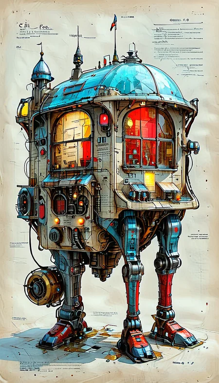 (cel-shading:2)+, (in ARTIST style:1.6), (masterpiece:1.7), night, glow neon, hyperrealism, glossy, shinny, clear image, accurate picture, clear picture, precise image, focused image,
An illustrated medieval old worn page of (Traction City, science fiction, standing, Walking vehicle, red paint), made with ingredients including: (mechanical legs, antenna, parts, wires), text is Old English and Gothic, parchment page, intricate details, muted colors, high resolution, best quality, fantasy vibe (ultra sharp focus:2), (detailed windows:2), (thin lines:2), (best quality:1.8),
<lora:MJ52:0.8> <lora:ParchartXL_CODA:1>,
<lora:add-detail-xl:1> (ultra sharp focus:1.8), (detailed skin:1.8), (thin lines:1.8), (best quality:1.8),
<lora:Apparatus_-_Traction_City_Walkers_Vehicles:0.7>, <lora:Someplastic_b:0.6>,
<lora:glowneon_xl_v1:0.6>
