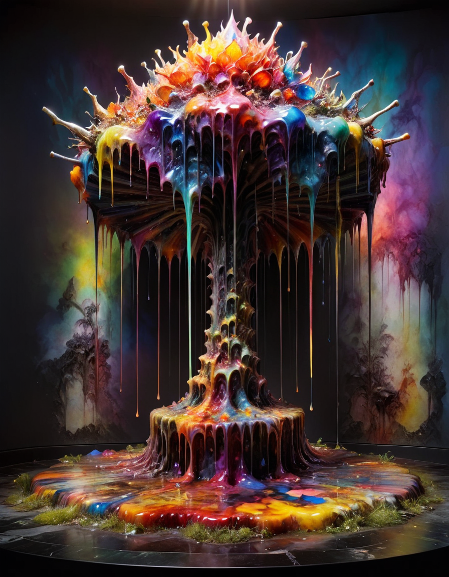 by Sam Gilliam, installation art, Overwrought "The punishment of Tantalus", at Dreadful Peatland, Grim, award winning, F/8, goth, psychedelic, <lora:ral-hnycmb:0.7> made out of ral-hnycmb, elaborate, epic, highly complex, full color, cinematic light, beautiful composition, ambient illumination