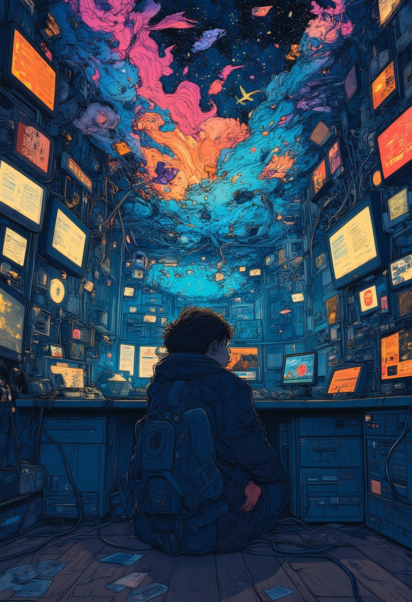 An extremely detailed and symbolic image of a boy sitting alone in a dimly lit room, surrounded by a chaotic swirl of glowing screens, wires, and data streams. The digital overload consumes the space around him, with fragmented images, notifications, and text floating in the air, representing the overwhelming age of information. The boy’s face shows a mix of exhaustion and wonder as he closes his eyes, retreating into his imagination. From his mind emerges a vivid, dreamlike world bursting with color and life—fantastical creatures, lush landscapes, and endless stars fill the scene, contrasting sharply with the cold, sterile glow of the screens. The boundary between reality and imagination is blurred, with fragments of his dream world creeping into the room, while tendrils of data dissolve into the colorful expanse. The image captures both the struggle of navigating the information age and the power of imagination as a means of escape.