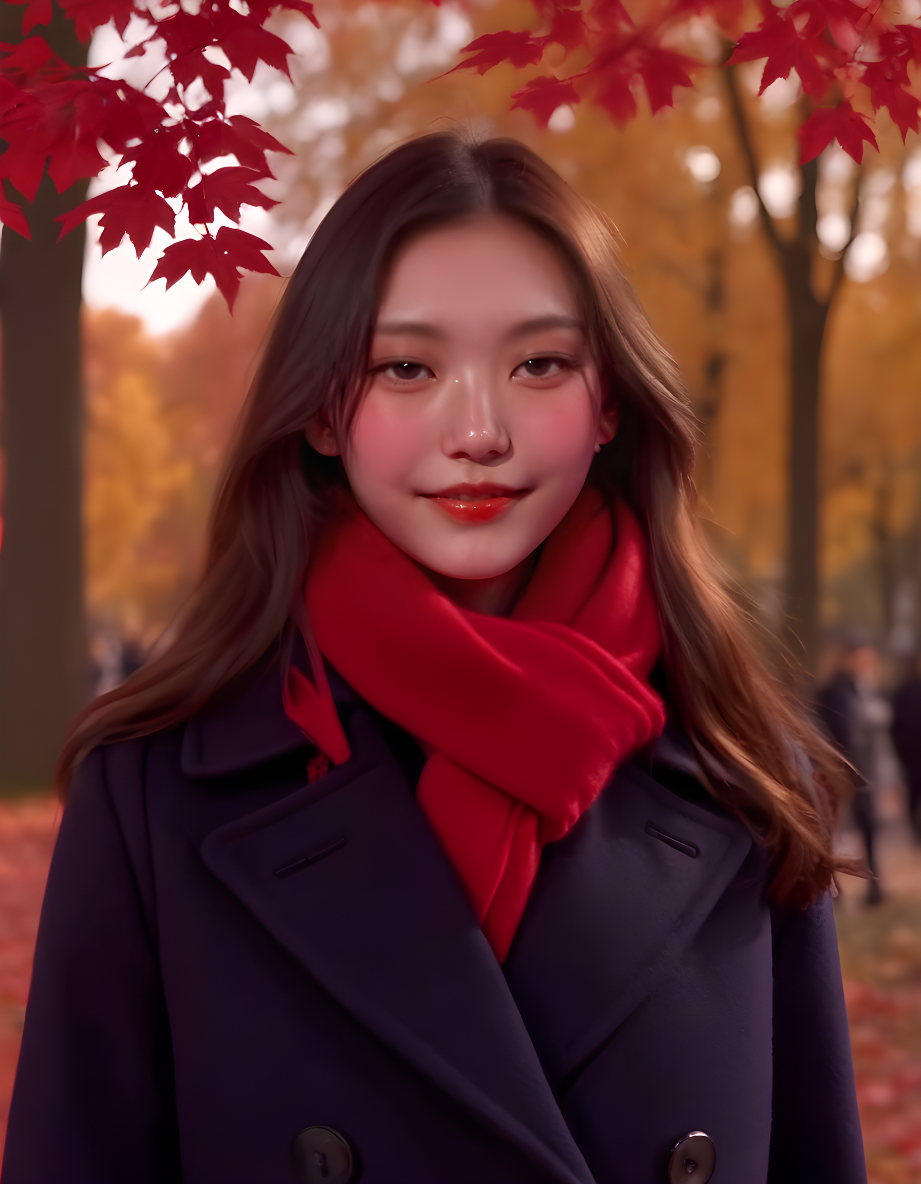 NJZH43R1N, In a bustling urban park under the soft glow of setting sun, a striking woman clad in a deep navy pea coat with a red scarf tied around her neck stands tall against the backdrop of vibrant autumn leaves. Her gaze is steady and direct, meeting the viewer's eyes as she subtly tilts her head, revealing a hint of closed-lipped smile, while her lips are painted a bold shade of red that mirrors the autumn foliage around her. The camera captures this moment from an intimate, slightly elevated angle, focusing on her expressive face and the delicate play of light on her coat's lapels, creating a captivating portrait filled with quiet strength and intrigue.