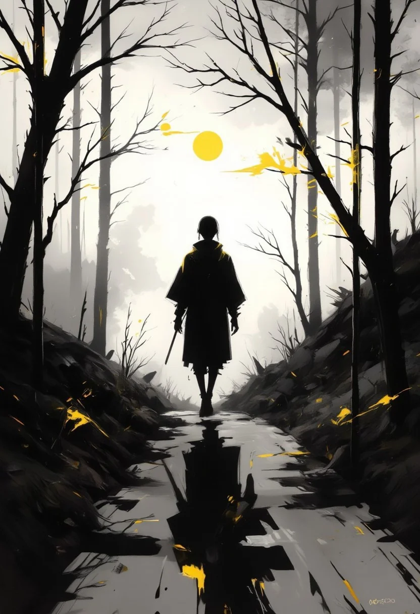 aidmaimageupgrader, monki, hill, back view stave, shadow, silhouette, black and white, monochrome, yellow accents, dramatic lighting, atmospheric, foggy background, japanese culture, minimalist, moody, contrast, sunset glow, isolated figure, reflective pose,pscho_4rt