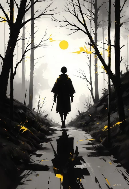 aidmaimageupgrader, monki, hill, back view stave, shadow, silhouette, black and white, monochrome, yellow accents, dramatic lighting, atmospheric, foggy background, japanese culture, minimalist, moody, contrast, sunset glow, isolated figure, reflective pose,pscho_4rt