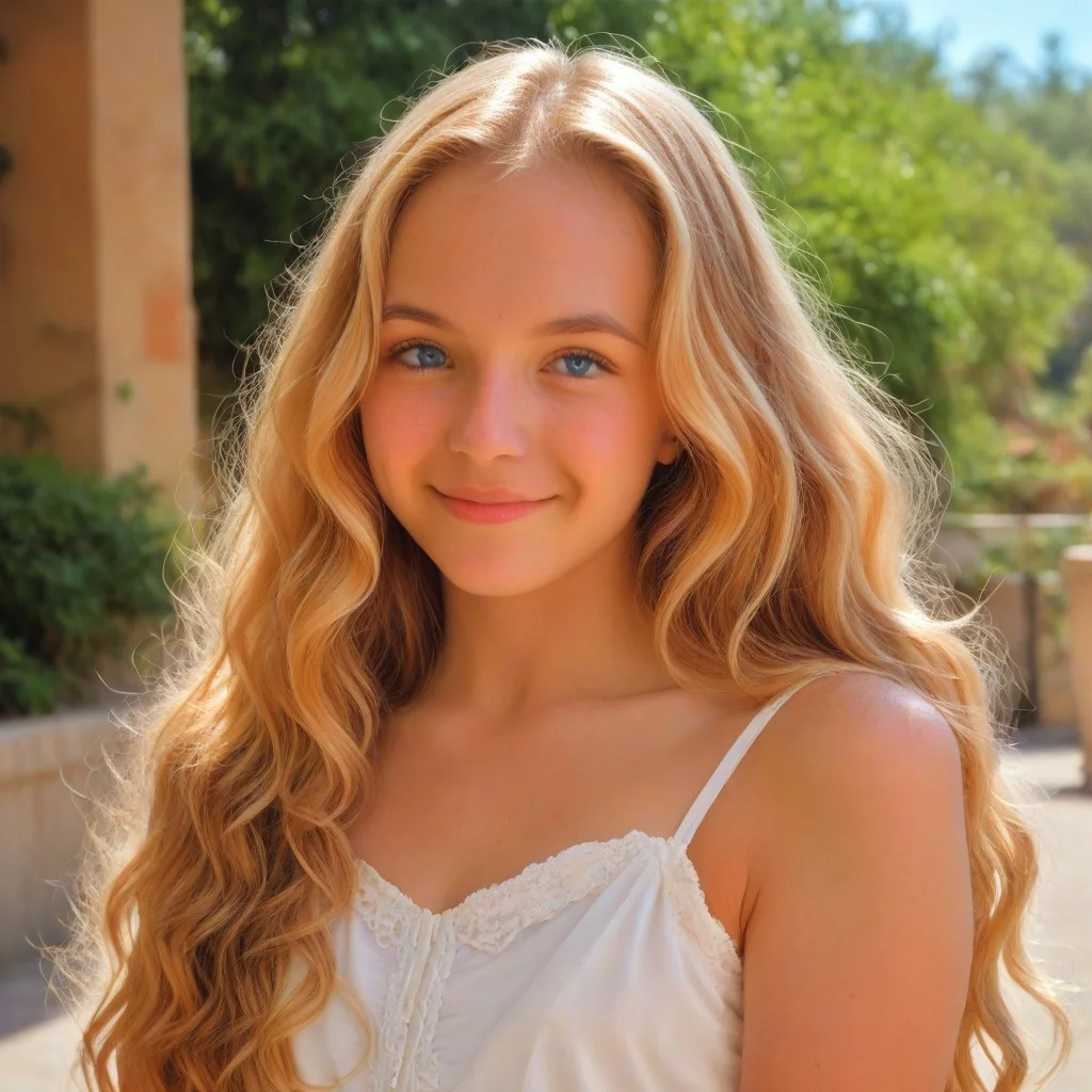 ftv style, score_9, 1girl, sunny, long hair, upper body, posing for photo, blouse, gentle smile, outside, blue eyes, wavy hair, blonde hair