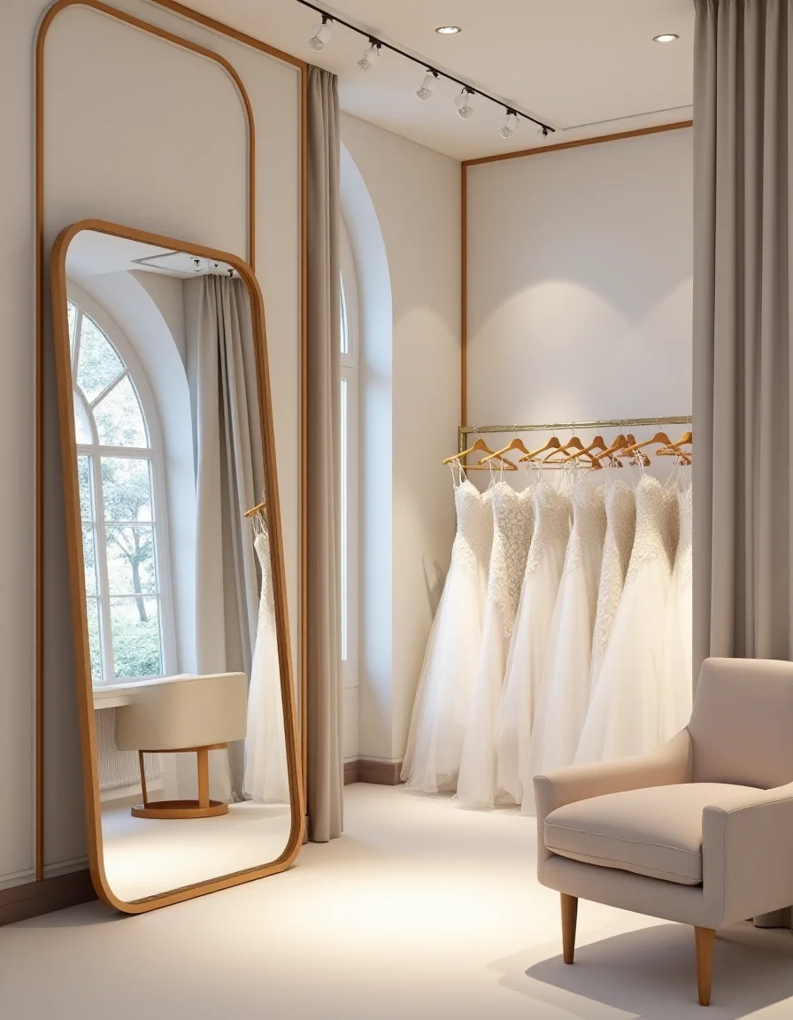 <lora:JJsBridalStore_Flux:1> ((bridal store)) , ((best quality)),((masterpiece)),((realistic)),indoors, mirror, reflection, chair, sofa, curtain, table, photorealistic, authentic, indoor scenery, highly detailed, ceiling light, cloth, glass, sky, center composition,