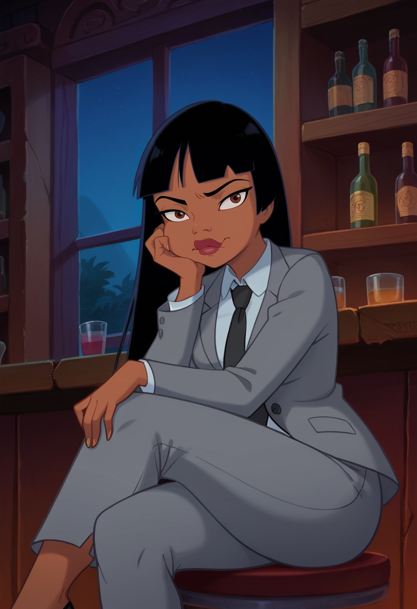 score_9, score_8_up, score_7_up, score_6_up, BREAK chel,official art, 1girl, dark skin, black hair, solo,red lips, brown eyes, blunt bangs, sitting,grey suit, grey jacket, grey pants, black necktie,white collared shirt, bar, shelf, purple neon lights,night,contrapposto,pout,medium breasts,long necktie,crossed legs, purple lights,long sleeves,head rest,open jacket, closed mouth,hand on own knee,        <lora:ChelPony:1>