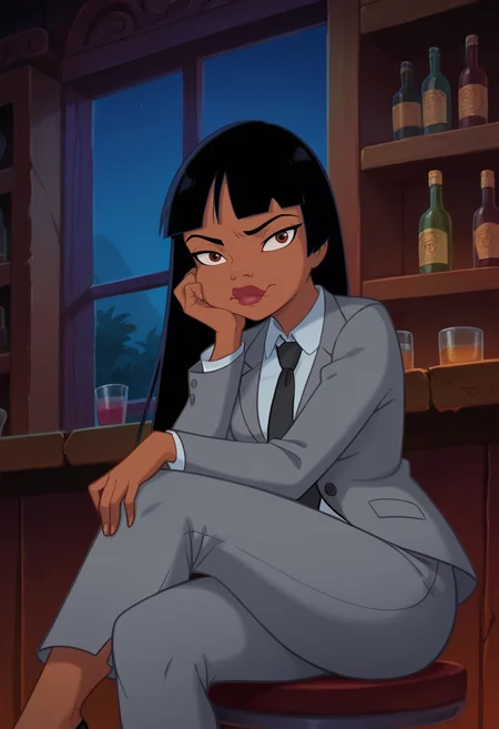 score_9, score_8_up, score_7_up, score_6_up, BREAK chel,official art, 1girl, dark skin, black hair, solo,red lips, brown eyes, blunt bangs, sitting,grey suit, grey jacket, grey pants, black necktie,white collared shirt, bar, shelf, purple neon lights,night,contrapposto,pout,medium breasts,long necktie,crossed legs, purple lights,long sleeves,head rest,open jacket, closed mouth,hand on own knee, <lora:ChelPony:1>