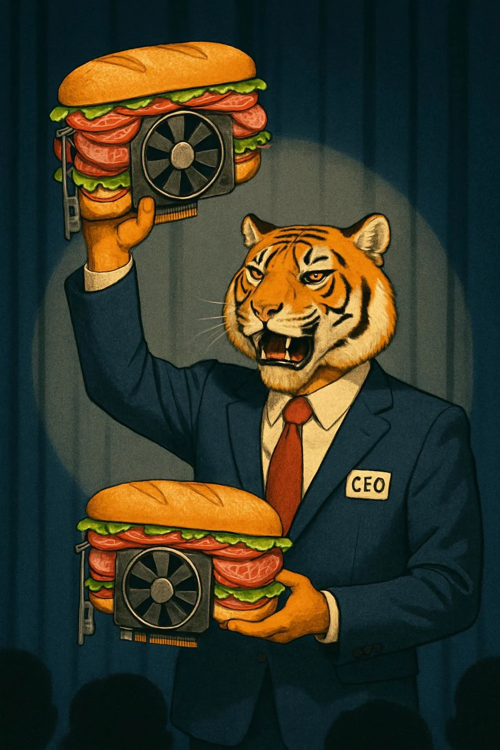 Anthropometric tiger man CEO on stage presenting a salami sandwich GPU and holding one up above his head