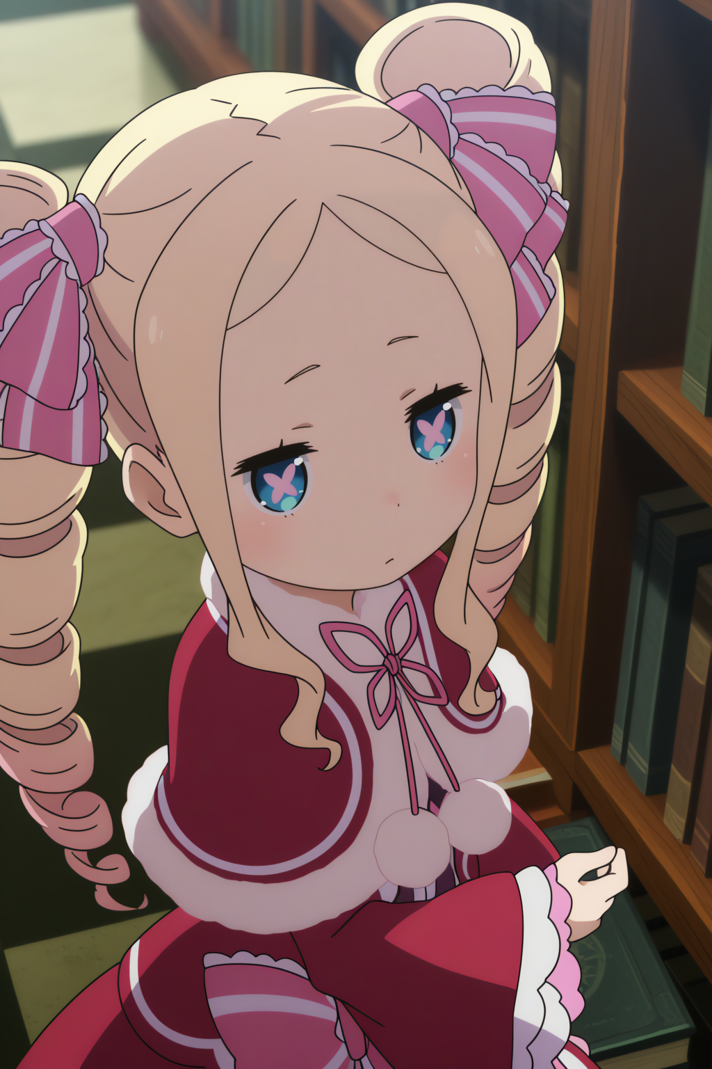 anime coloring, very aesthetic, masterpiece, perfect composition,  beatrice_\(re:zero\), twin drills, depth of field, symbol-shaped pupils, library, get books from bookshelf, from above   <lora:Beatrice-illu:0.8>