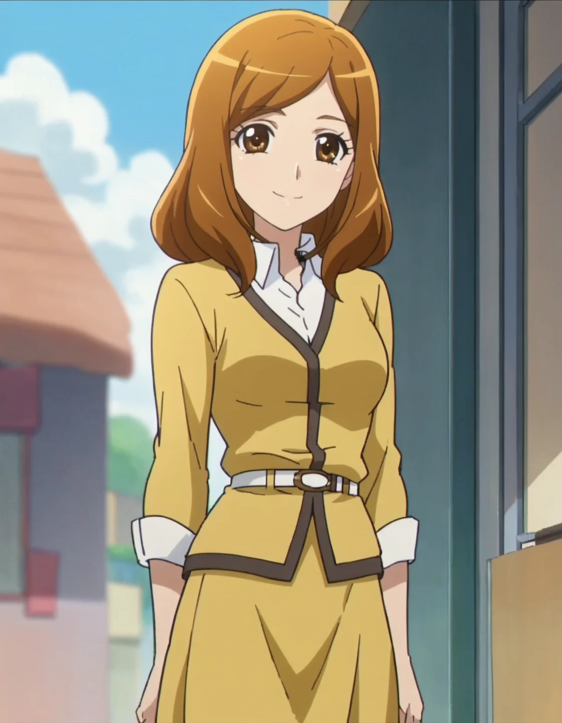 score_9, score_8_up, score_7_up, anime screencap, solo,1girl,kisechiharu, skirt, smile, looking at viewer, pantyhose, long sleeves, belt, yellow skirt, jacket, cowboy shot,medium breasts, <lora:kisechiharu:0.8>,