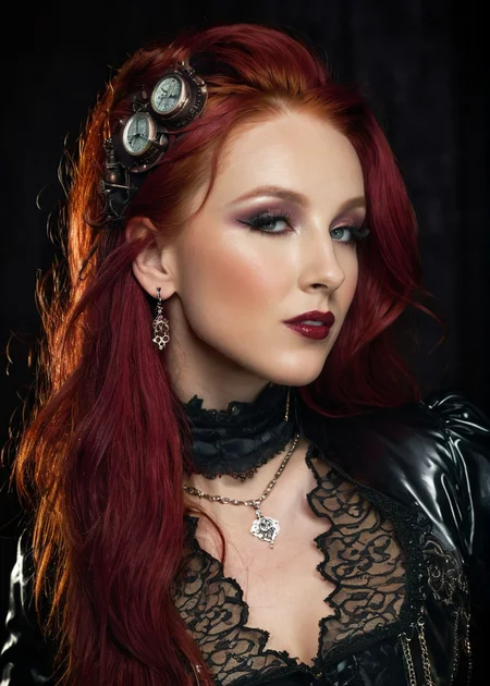 masterpiece, best quality, dark environment, (steampunk:1.5), a woman, long red hair, (dark-red latex with lace), turtleneck, long earrings, necklace, burlesque, sexy, (((portrait))), skin pores, 8K, extremely detailed, decorated clothing, dragon, bloodwave, dynamic, great lighting, perfect shading, depth of field, soft side light, very detailed glowing background, <lora:MS_DaniWoodward_V1_SDXL:0.8>, <lora:add-detail-xl:0.8>