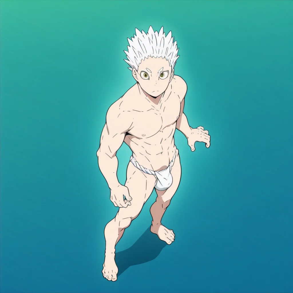 Hoshiumi, 1boy, male focus, solo, white hair, yellow eyes, grey hair, fundoshi, topless male, Large Bulge, fundoshi, score_9, score_8_up, score_7_up, score_6_up <lora:vinceteaa_020_04v2-step00000400r:1> good face, good eyes, looking at viewer, full body, standing,