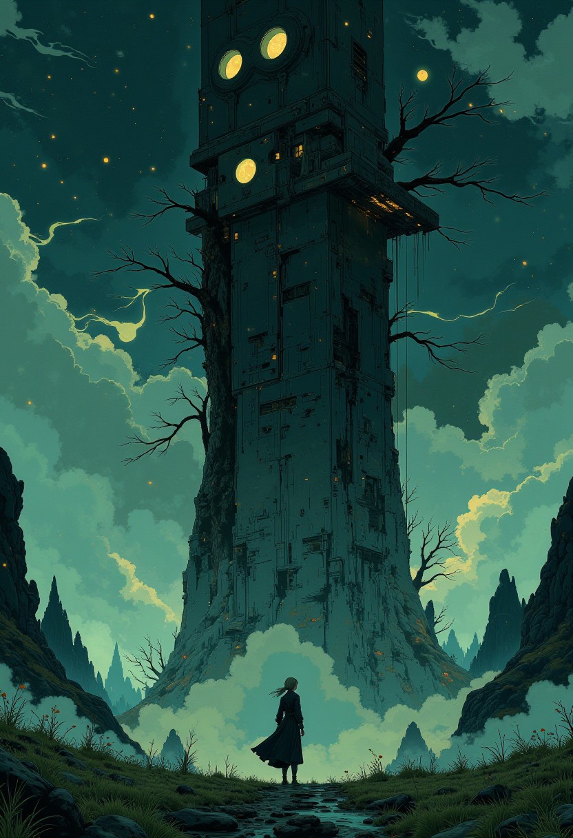 This is a highly detailed and intricate digital painting, depicting a lone female figure standing in a vast, eerie landscape under a dark, starless sky. The young woman, dressed in a long, dark coat, with long flowing silver hair, faces a towering, ancient, and crumbling monolithic stone structure with intricate carvings. The structure has two circular holes and stands amidst jagged, rocky peaks. The foreground is a green, mossy plain with faint, ghostly streaks descending from the sky. The scene is illuminated by a faint, eerie glow, creating a surreal, haunting atmosphere. The camera angle is low, emphasizing the height of the structure.