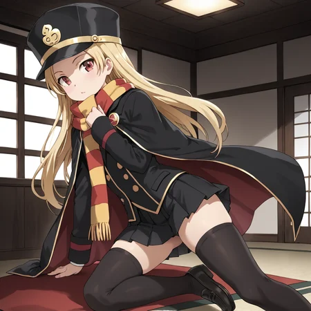 indoors, <lora:chiaki.pony:1> chiaki, 1girl, solo, long hair, blonde hair, red eyed, scarf, striped scarf, shako cap, black headwear, cape, black cape, black coat, flat chest, skirt, pleated skirt, black skirt, black thigh-highs, black loafers,