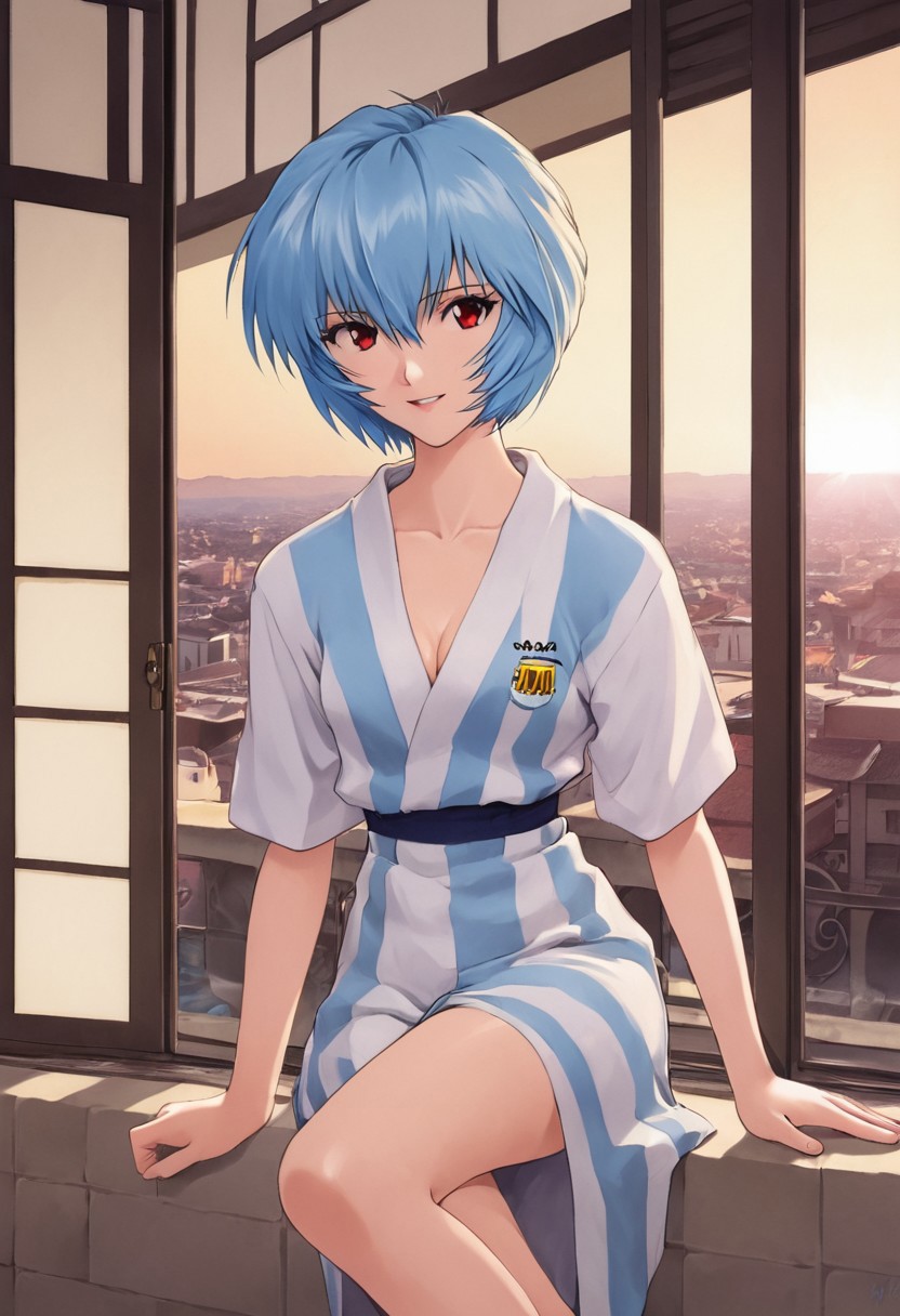 1girl,ayanami rei,solo,red eyes,short hair,blue hair,,smile,short sleeves,hair between eyes,,bangs, Argentina ,cowboy shot,looking to the side,looking at viewer,parted lips,<lora:Sadamoto Yoshiyuki_XL_V3:0.8>, open smiling, sitting , long cleavage, sexy pose, city background, argentinian flag, light blue and white yukata
<lora:kimono:0.8> short yukata, furisode, bath yukata, uchikake, breast barely poking
BREAK <lora:veranda_v0.1:0.8> veranda, sunset, sun streak, small breast, round breast, open legs, rising the right fist, western environment