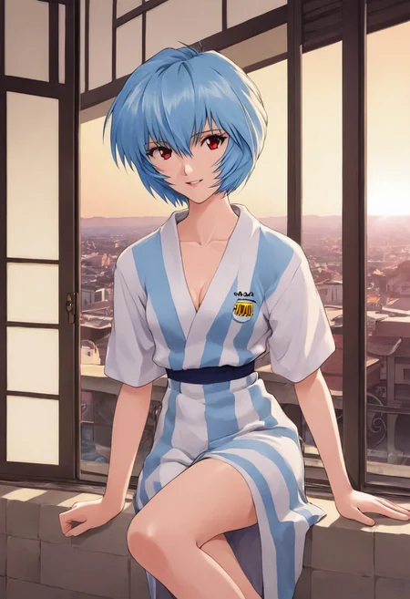 1girl,ayanami rei,solo,red eyes,short hair,blue hair,,smile,short sleeves,hair between eyes,,bangs, Argentina ,cowboy shot,looking to the side,looking at viewer,parted lips,<lora:Sadamoto Yoshiyuki_XL_V3:0.8>, open smiling, sitting , long cleavage, sexy pose, city background, argentinian flag, light blue and white yukata
<lora:kimono:0.8> short yukata, furisode, bath yukata, uchikake, breast barely poking
BREAK <lora:veranda_v0.1:0.8> veranda, sunset, sun streak, small breast, round breast, open legs, rising the right fist, western environment