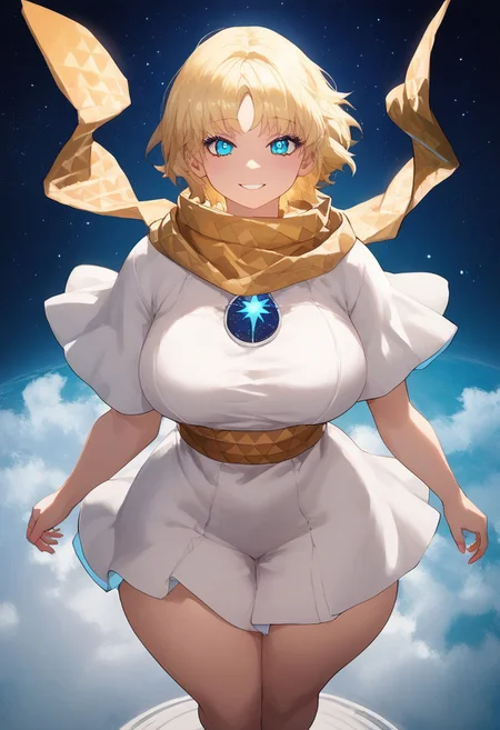 (score_9, score_8_up, score_7_up, perfect, high quality, best quality, ultra-detailed, very aesthetic, illustration, perfect composition, intricate details, absurdres, high res image, masterpiece, vibrant colors, beautiful face, detailed face, 1girl, solo focus, perfect eyes, detailed eyes, perfect hands), female, voyager, blonde hair, short hair, bangs, parted bangs, blue eyes, bright pupils, pale skin, thick thighs, (venus body, perfect body, large breasts), curvy body, huge hips, (baggy clothes, star (symbol), yellow scarf, scarf, short sleeves, tunic), (floating, smiling, slight blush, looking at viewer), (sky, starry background, space)