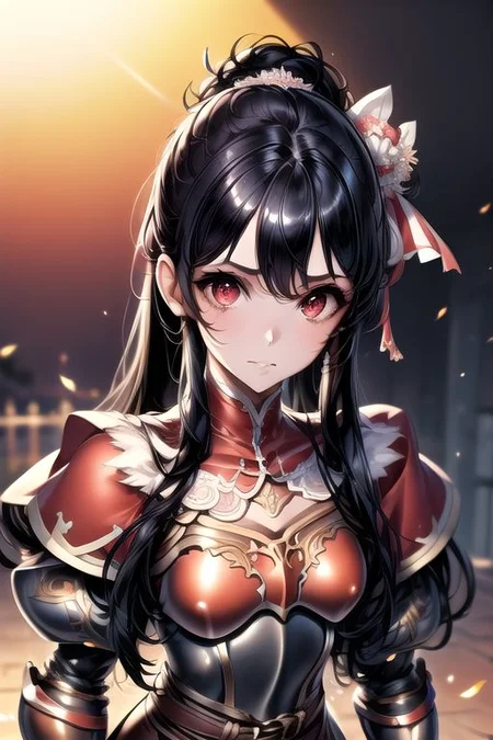 TheresiaHortensia, 1girl, solo, long hair, black hair, hair ornament, red eyes, ponytail, pantyhose, red armor, gauntlets, armored dress, Upper body, masterpiece, best quality, 
hair ribbon, (best quality) , (highly detailed) ,masterpiece ,absurdres ,detailed face ,beautiful face ,(detailed eyes, deep eyes, anime eyes),   (masterpiece, best quality, very aesthetic, ultra detailed), intricate details, 4k, very aesthetic, source_anime, detailed, high quality, beautiful, masterpiece, detailed eyes,