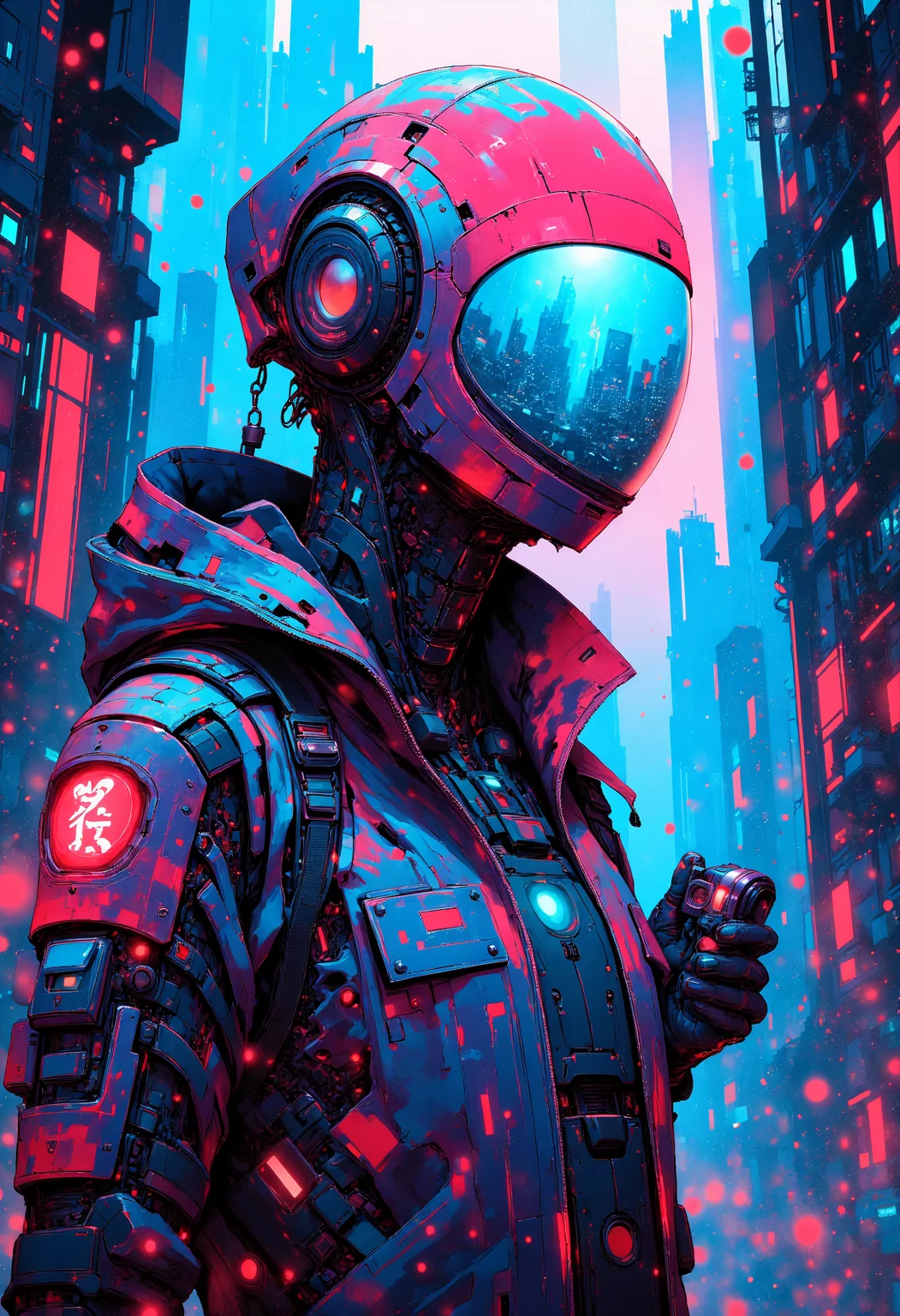 masterpiece, high-quality, A futuristic scout in a sleek angular suit embedded with pulsating circuits, Theyre framed in a glowing urban sprawl of vertical megastructures and floating drones, their visor reflecting a fragmented digital skyline, One hand grips a small high-tech device scanning the area for unseen threats, urban sprawl, circuit suit, digital skyline, (Stylized in neon cyberpunk anime with a sharp high-contrast aesthetic:1.1), (elaborate fine details:1.1), (hyperdetailed:1.1), (intricate details:1.0), (Refined details:1.1), (best quality:1.1), (high resolution:1.2), <lora:FLUX\EmberveilV3:1.0>