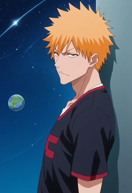 score_9, score_8_up, score_7_up, source_anime, masterpiece, 1boy, ichigo kurosaki, shirt, <lora:ichigo_kurosaki_ponyxl:1>, , bored eyes, lewd smirk , happy,  smug expression ,  lowered eyelids, v-shaped eyebrows, akanbe,, in a space station, in orbit, scifi , planet,  space, starry sky,, solo, against wall, standing, leaning back, arched back , contrapposto, looking at viewer, from side, arms behind,