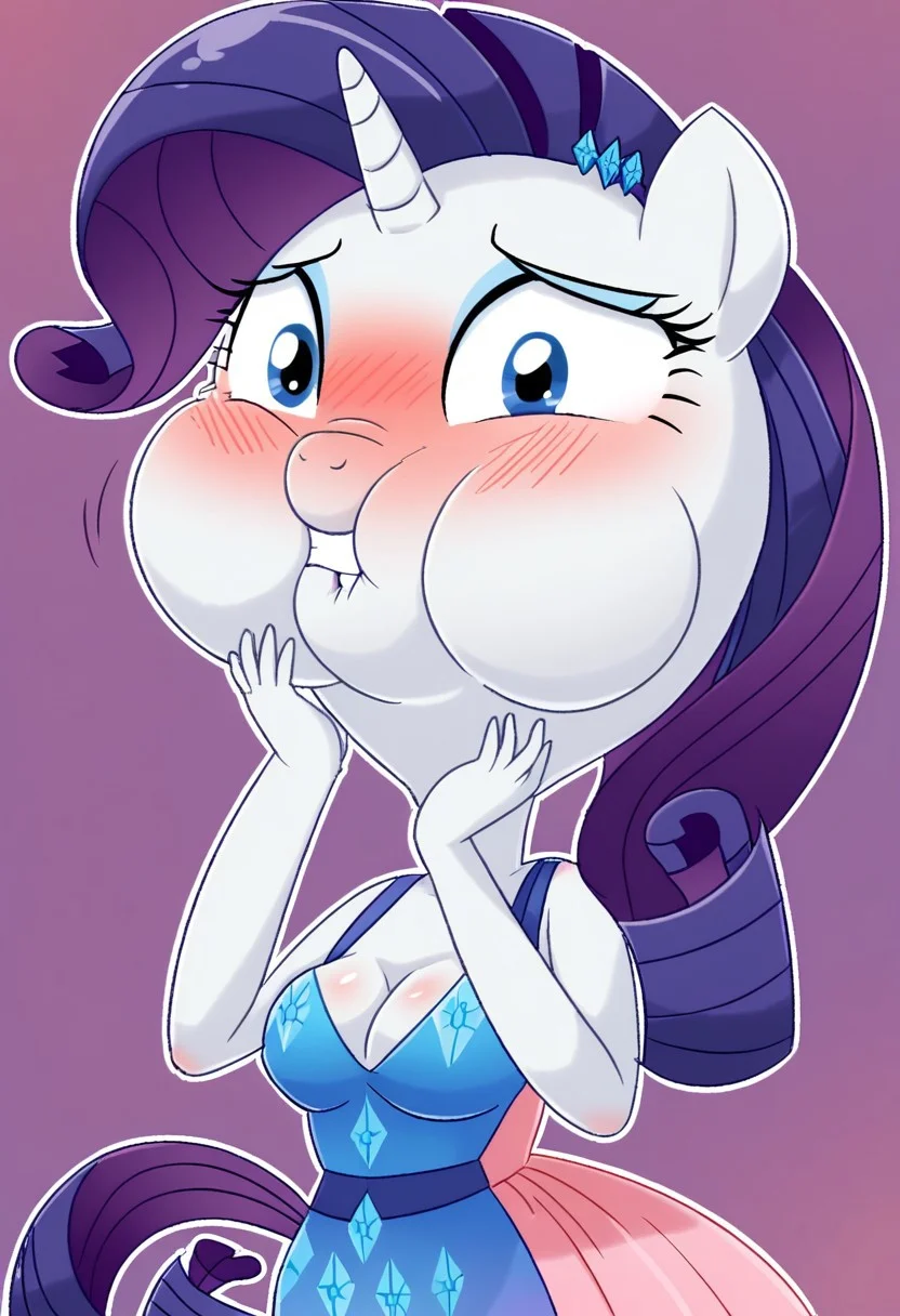 female, evening dress, inflating, head inflation, puffed cheeks, blush, Rarity, My Little Pony