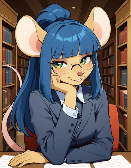 masterpiece, best quality, very aesthetic, absurdres,
indoors, library, 
office lady, 
seductive smile, parted lips, long eyelashes,
<lora:Dewey_Teagarden_v01_NAIXL:1>
D3w3y,1girl,solo,furry,furry female,mouse girl,mouse ears,long hair,blue hair,high ponytail,sidelocks,blunt bangs,green eyes,semi-rimless eyewear,snout,animal nose,body fur,yellow fur,mouse tail,