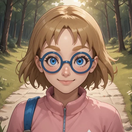 score_9, score_8, BREAK, solo, wii, mii, wii sports, dark blonde hair, dark blonde eyebrows, blue eyes, blue glasses, blush, pink clothing, white pants, sandals, cute, female mii, 1girl, nintendo mii, modern_mii, classic_mii, Siobhán_(Wii_Sports), sexy pose, smile, outdoors, sunlight, shadows, evening lighting, natural lighting, forest, trees, grass, orange sky, sunset