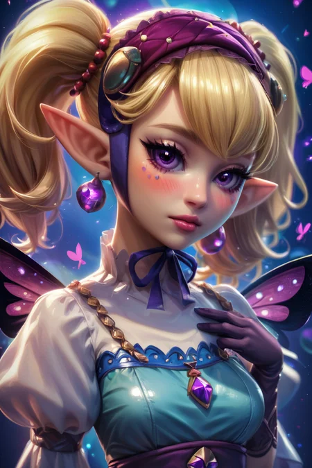 score_9, score_8_up, score_8, medium breasts, (curvy), cute, eyelashes, BREAK, , <lora:Agitha_Zelda_PDXL:0.8>, zzAgitha, purple eyes, blonde hair, twintails, pointy ears, jewelry, earrings, gloves, dress, butterfly wings, , BREAK, (ultra realistic,32k, masterpiece:1.2),(high detailed skin:1.1),( high quality:1.1), curvy, head tilt, hearts, blush, lips, curvy, head tilt, shiny clothes, (upper body), looking at viewer, bokeh, luminescent background, embedding:zPDXL, Expressiveh, <lora:RlAnmPDXL:1.0>,