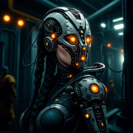 Create a detailed and realistic illustration of a futuristic, cybernetic woman with a strong, mechanical appearance. Her face is adorned with intricate metal and cybernetic components, including glowing orange lights and mechanical bolts. Her hair is long and braided, with strands of metal and wires visible. The background should be a dark, industrial setting with blurred lights and structures, giving a sense of a futuristic, sci-fi environment. The overall style should be dark and dramatic, with a focus on the intricate details of the cybernetic components. <lora:artist/style_of_H._R._Giger_FLUX_295-000006:0.7>, style of H. R. Giger, <lora:scifi/dvr-transformers-flux:0.4>, <lora:scifi/moxiePunk_v20.safetensors:1.0>,