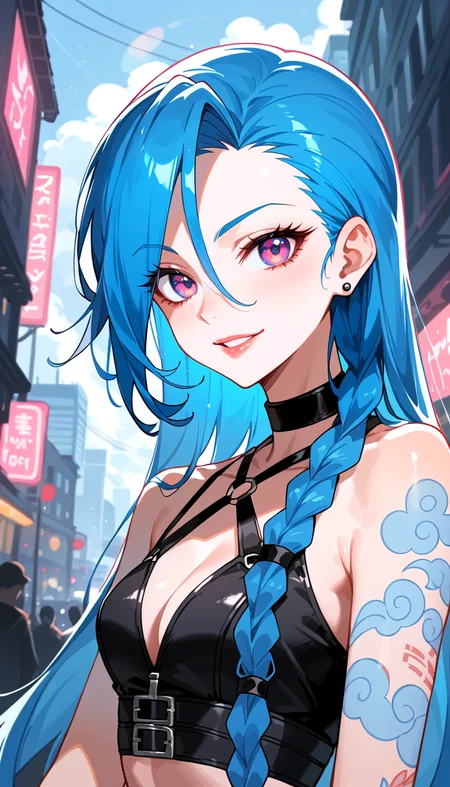 score_9, score_8_up, score_7_up, Anime Style, Portrait, Jinx, cute, seductive, innocent, light smile:0.3, plump lips, slender body, cloud tattoos on arm, outdoor, intense blue long hair, bokeh, neon light passing through hair, award winning fashion photography, city background, depth of field, dynamic angle, fashion photography, sharp, hyperdetailed:1.15