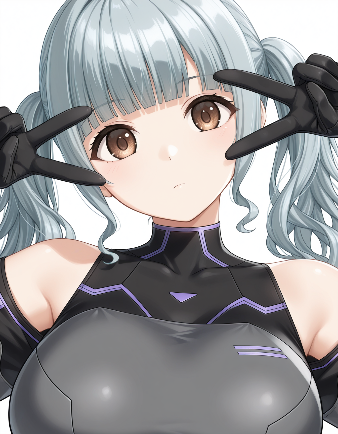 1girl, solo, nagato mei, grey hair, wavy hair, twintails, blunt bangs, brown eyes, expressionless, large breasts, Kazami_Uniform, black bodysuit, bare shoulders, detatched sleeves, black gloves, head tilt, double v over eye, portrait, light theme <lora:nagato_mei_ilxl_v1:0.75>