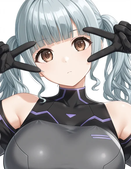 1girl, solo, nagato mei, grey hair, wavy hair, twintails, blunt bangs, brown eyes, expressionless, large breasts, Kazami_Uniform, black bodysuit, bare shoulders, detatched sleeves, black gloves, head tilt, double v over eye, portrait, light theme <lora:nagato_mei_ilxl_v1:0.75>