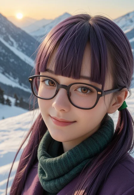 score_9_up, score_8_up, score_7_up, score_6_up, 1girl, solo, 25 years old, perfect face, (adult), sexy,
detailed face, blush, shy smile, portrait, face focus, depth of field, looking at viewer, close up,
brown eyes,
(purple hair:1.2), very long hair, twintails, sidelocks, blunt bangs, green ribbon, floating hair,
glasses, rectangular eyewear, purple coat, purple scarf,
mountains, scenery, winter, snow, sun,