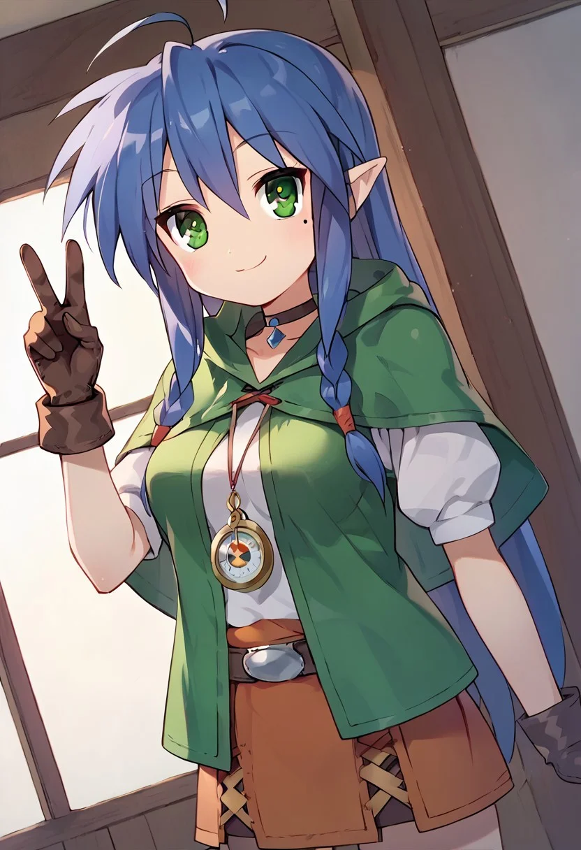 score_9, score_8_up, score_7_up,source_anime, masterpiece, ultra detailed, highres, 4k, best quality, BREAK, <lora:konata:0.7> Konata Izumi, solo, long hair, ahoge, mole, glossy hair, smooth hair, shiny hair, Linkle, Twin braids, green capelet, hood, leather gloves, skirt, thigh boots, choker, belt, smile, dark blue hair, medium breasts, round breasts, D-cup breast size, adult, mature, aged up, evil smile, cute, cute face, outstanding, countershading, detailed soft lighting, backlighting, green eyes, looking at viewer, ultra detailed eyes, dutch angle, cowboy shot, peace signs