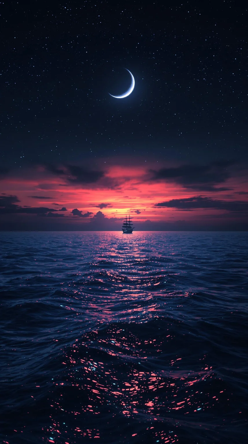 A majestic cinematic shot frames the lone ship gliding across the deep blue ocean, against the breathtaking backdrop of a fiery orange-pink sunset dissolving into inky blackness. The crescent moon casts a soft glow, illuminating the bioluminescent water's shimmer. The vast ocean and celestial sky evoke tranquility, wonder, and awe, while the solitary ship adds mystery and adventure, inviting the viewer to embark on a fantastical journey across the starry sea.