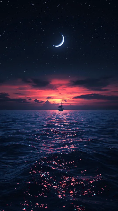 A majestic cinematic shot frames the lone ship gliding across the deep blue ocean, against the breathtaking backdrop of a fiery orange-pink sunset dissolving into inky blackness. The crescent moon casts a soft glow, illuminating the bioluminescent water's shimmer. The vast ocean and celestial sky evoke tranquility, wonder, and awe, while the solitary ship adds mystery and adventure, inviting the viewer to embark on a fantastical journey across the starry sea.