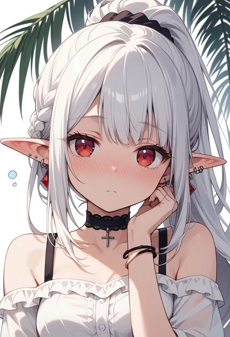 score_9, score_8_up, score_7_up , small-medium breasts, expressive eyes, BREAK 1girl, white hair, red eyes, long hair, ponytail, expressionless, looking at viewer, tired, jirai kei, white shirt, bare shoulders, piercing, ear piercing, choker, bracelet, elf ear, chibi, (young:1.5), white background, hair braided to ponytail, portrait, face in focus, resting head on palm, closed eyes, (sleepy:1.3), embarrassed, shy, blush, lustful, horny, nose blush, flustered, surprised,