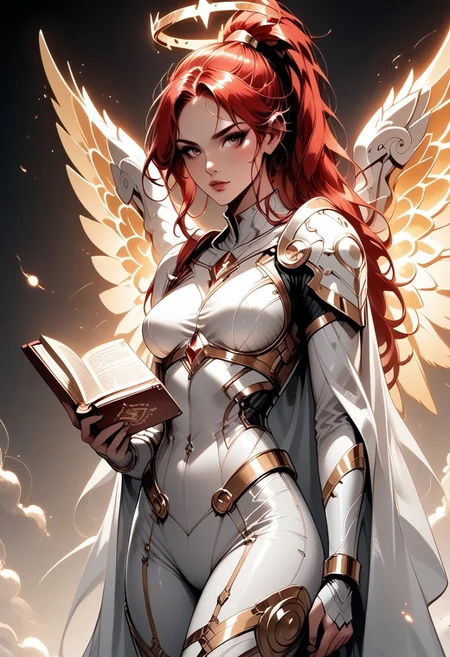 score_9, score_8_up, score_7_up, (Western Comics), a full body image of a sexy mechangel girl, caucasian, seductive, (glowing wings with red tips), solo, glowing armor, glowing halo, glowing mechanical 4 wings (hyperdetailed:1.15), detailed, light passing through hair, (ultra detailed, high quality texture), (sharp), (artistic image), 32K, 4K, ULTRA HD, small waist, large breasts, tight white bodysuit with, crop: -5, (3/4 portrait), wide view, ((her whole head and hair is visible)), zoomed out, wings completely visible, (from thighs and up), wings folded along her body, cowboy shot, angelify, (monochrome background), (nothing in background), plain background, Long red hair in ponytail, ((holding a book, zzmagicbook,))