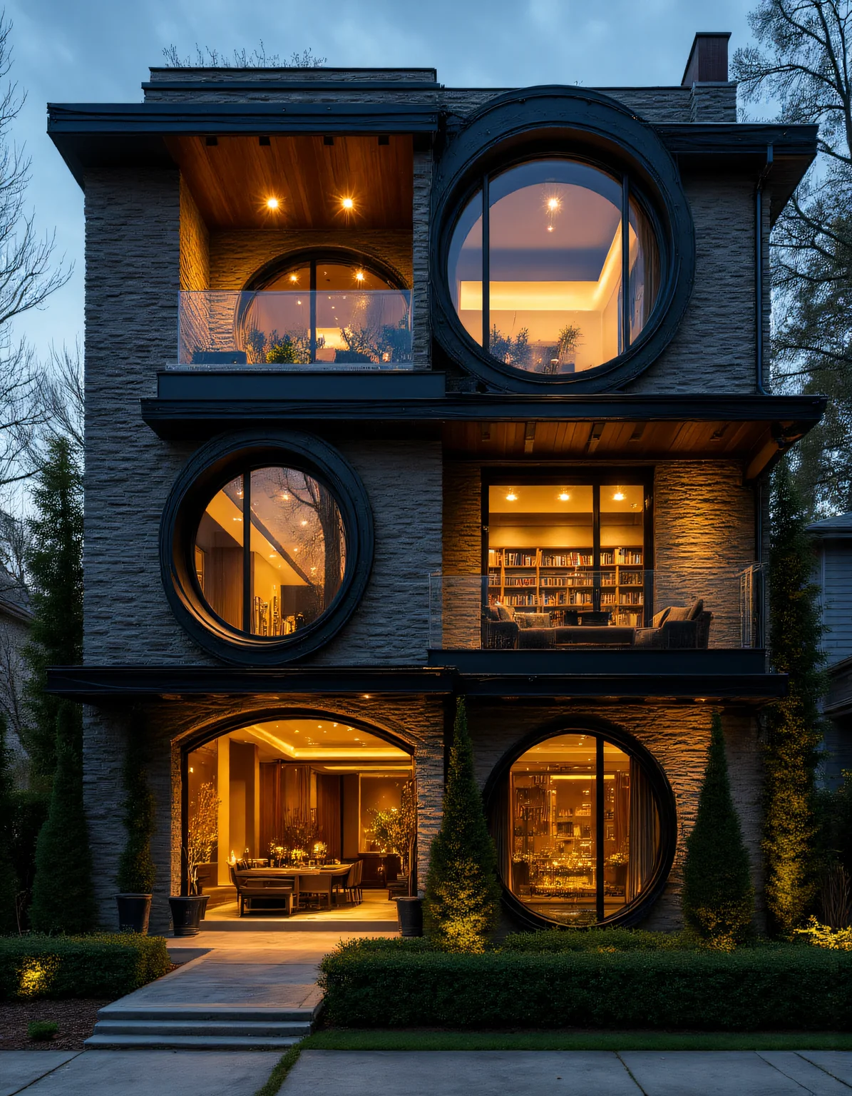 A striking, modern townhouse with a blend of historical and contemporary architecture, featuring a facade of arched, circular windows framed in black steel. The exterior is made of a mix of dark brick and stone, with intricate masonry surrounding the windows. Warm, ambient lighting from within the house highlights the elegant design of the interior, visible through the large, glass-paneled archway on the ground floor. The interior is illuminated with soft, golden light, showcasing a cozy, open-plan living space with modern furnishings and bookshelves. The upper floors feature large circular and arched windows, creating a geometric contrast with the rectangular shape of the house. The scene is set at twilight, with the sky darkening and the warm lights creating a welcoming glow. The foreground features a small garden with manicured bushes and stepping stones leading up to the front entrance. aidmaHyperrealism <lora:aidmaHyperrealismv0.3:0.6> <lora:Sinfully_Stylish_.02_for_FLUX:0.6> in the style of Jed-clrfl <lora:flux-colourful:0.3> <lora:FluxDFaeTasticDetails:0.6>