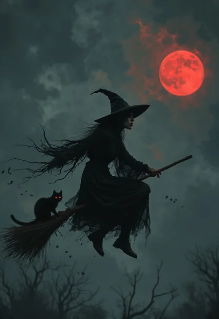 UHD, scary Halloween movie still, creepy photograph, frighteningly beautiful 25-year old pale black-haired witch cackling riding a flying broomstick in the night sky, one black cat sitting on the back, the witch is holding the broom and wearing all black low cut dress, black shoes and a pointy black witch's hat, one reddish blood moon lights the scene, perfect pupils, insanely detailed faces, correct digits, realistic skin, intricately detailed, film grain, HD, 8k, perfect eyes, perfect pupils, expressive eyes, w1tchc0re