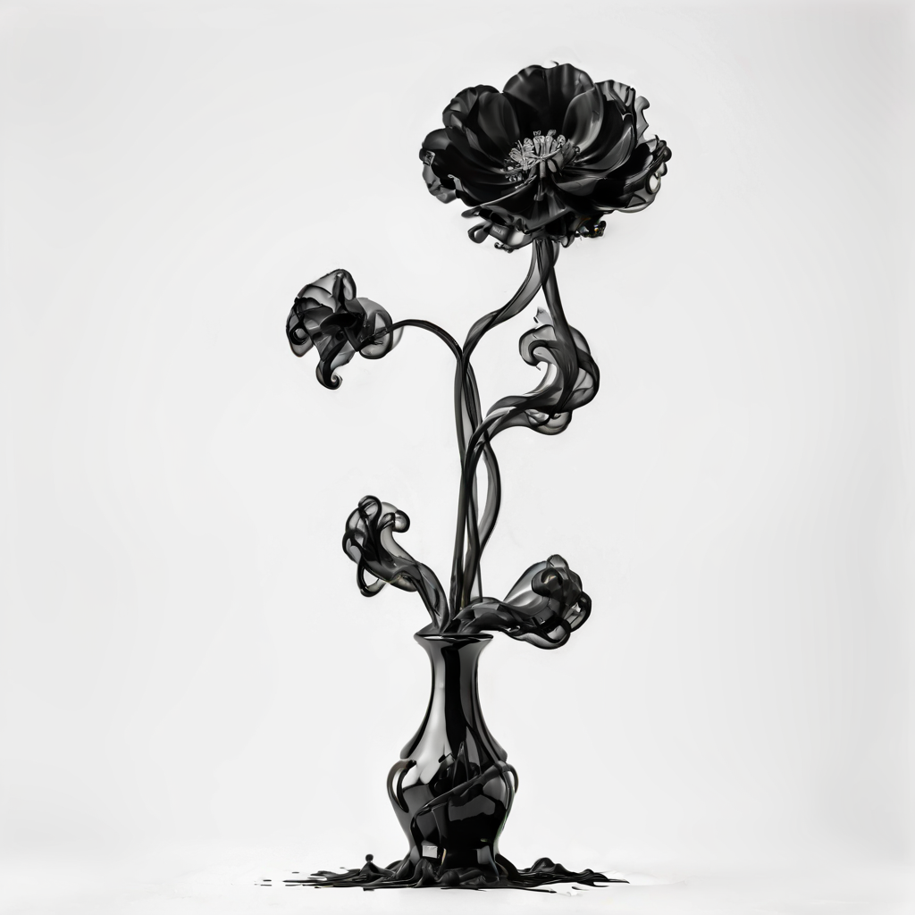 A beautiful Poppy flower in a black vase in a white room, ((white background)), photograph, 8k resolution, award winning photograph, horror, cinematic lighting   <lora:Gloom-step00000900:.8>