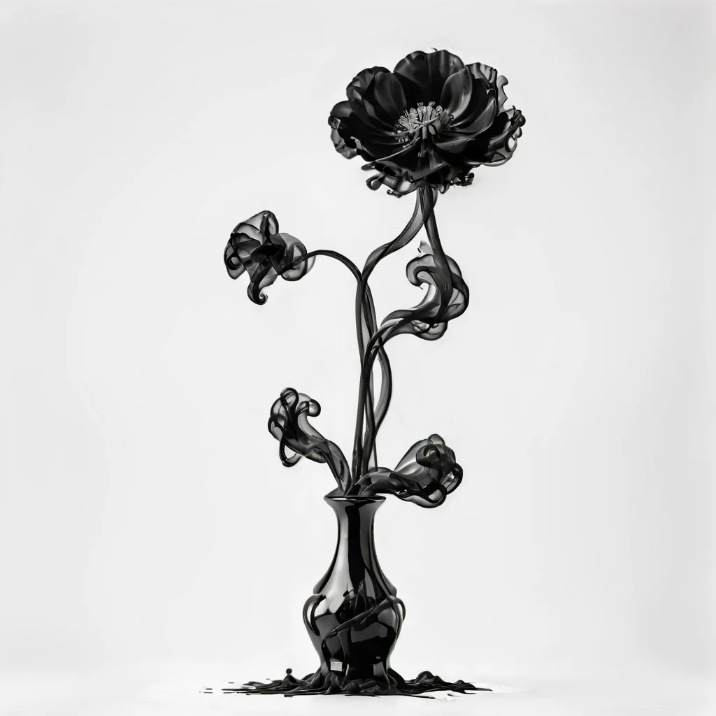 A beautiful Poppy flower in a black vase in a white room, ((white background)), photograph, 8k resolution, award winning photograph, horror, cinematic lighting <lora:Gloom-step00000900:.8>