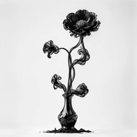 A beautiful Poppy flower in a black vase in a white room, ((white background)), photograph, 8k resolution, award winning photograph, horror, cinematic lighting <lora:Gloom-step00000900:.8>