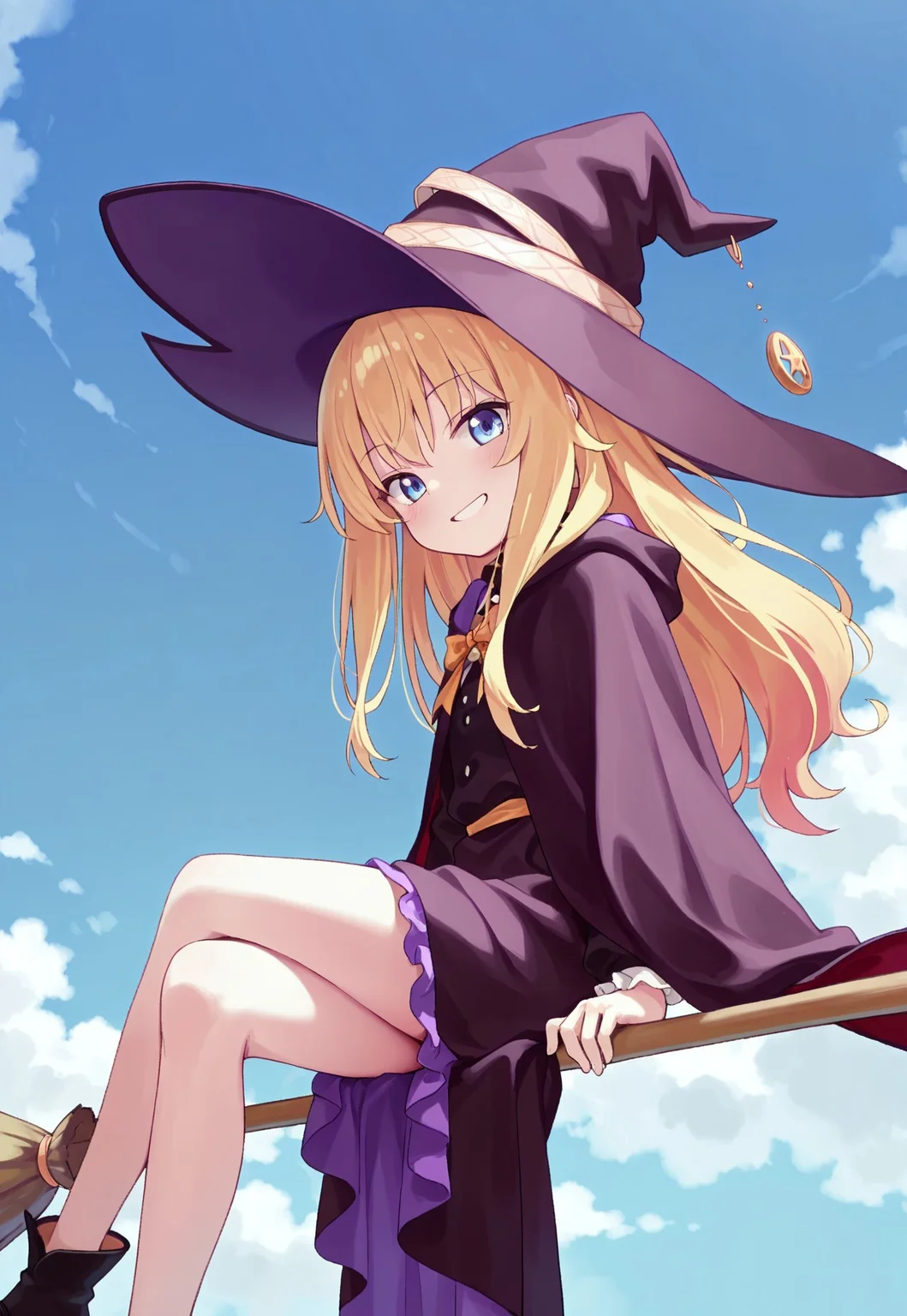 masterpiece,best quality,amazing quality,absurdres,1girl, gabt, blonde hair, blue eyes, long hair, Elainadef (cosplay). witch hat, sitting,sitting on broom, sidesaddling, floating broom, crossed legs, smiling, from side, looking at viewer, light blue background, clouds, 