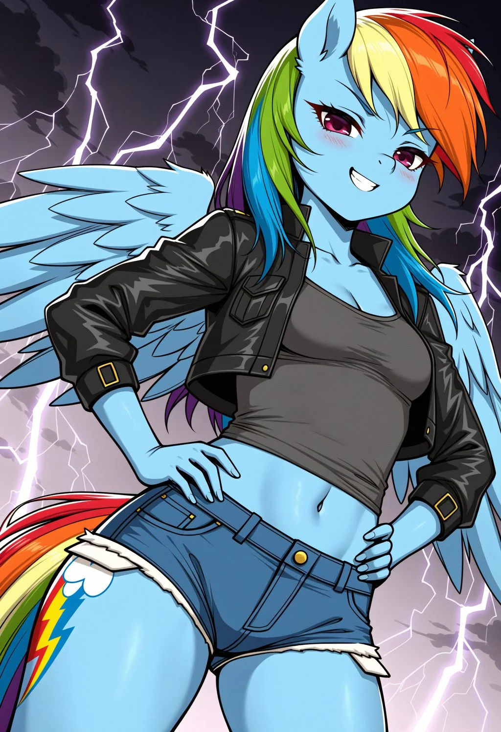 style_42, anthro, Rainbow Dash, pegasus, My Little Pony, camisole, crop jacket, denim shorts, hands on hips, smug, smirk, lightning, clouds, dutch angle, wings, side glance <lora:spo_sdxl_10ep_4k-data_lora_webui:1.0>