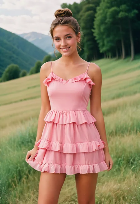 a beautiful young Belgian woman, 20 years old, highly detailed face, brown hair bun, ideal face, ideal legs, cute smile, realistic detailed skin, wearing pink ruffle mini dress, hidden valley of unicorns, RAW candid cinema, 16mm, color graded portra 400 film, remarkable color, ultra realistic, highest quality, masterpiece photography, <lora:add-detail-xl:1.5>, <lora:BT_Ruffle_Mini_Dress_XL:0.7>