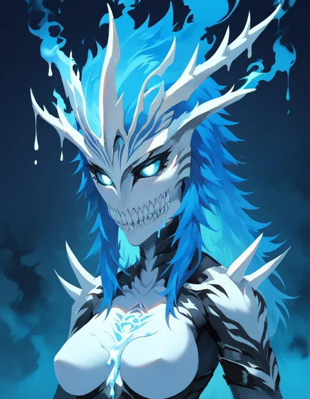 concept art score_9,score_8_up,score_7_up,score_6_up,((hollowfication)),blue theme,war,(white liquid:1.3),monster girl,blue hair,medium breasts,armor,spikes,glowing,smoke,upper body,<lora:hollowxl-000004>,<lora:Smooth Anime 2 Style SDXL_LoRA_Pony Diffusion V6 XL:0.8>,<lora:xl_more_art-full_v1:0.8>, . digital artwork, illustrative, painterly, matte painting, highly detailed