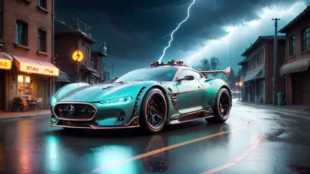 Hyperrealistic art a sci-fi future sportscar in random colors passing by, (camera from front:1.3), light speed, neon, flash, motion trail, (stars and a future City in the background:1.3), motion blur, epic visual effects, interstellar, flow, detailed, scifi, star blast, dark vibrant colors, cosmic art, stars in background, cinematic scene, lens flare, god rays, glow, glowneon, glowing, sparks, fullmoon night, stormy weather, lightning, ultra detailed , dramatic lighting, shallow depth of field detailed background, dark noir style, HDR, RAW, ray tracing reflections, sharp focus, ultra realistic
<lora:dreamcolor:0.3> <lora:style:0.3> <lora:EDG_-_Test_Lora:0.3> <lora:SDXLHighDetail_v5:1> <lora:LowRA:1> <lora:ste4mpunk:1> . Extremely high-resolution details, photographic, realism pushed to extreme, fine texture, incredibly lifelike